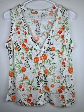 Joie Linen Citrus Print Sleeveless Blouse Medium Orange Fruit Top